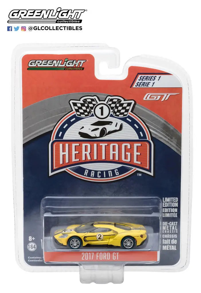 Die-cast model of a yellow 2017 Ford GT in packaging for Ford MKIV Racing Heritage Series
