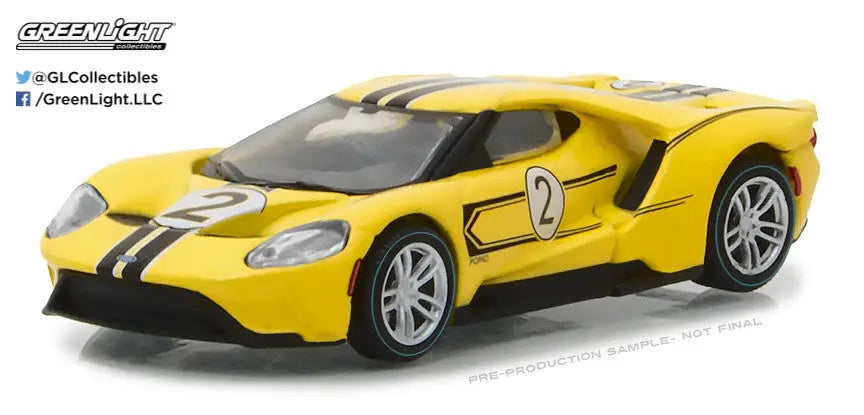 Yellow Ford GT with black racing stripes and number 2, part of Ford MKIV Racing series