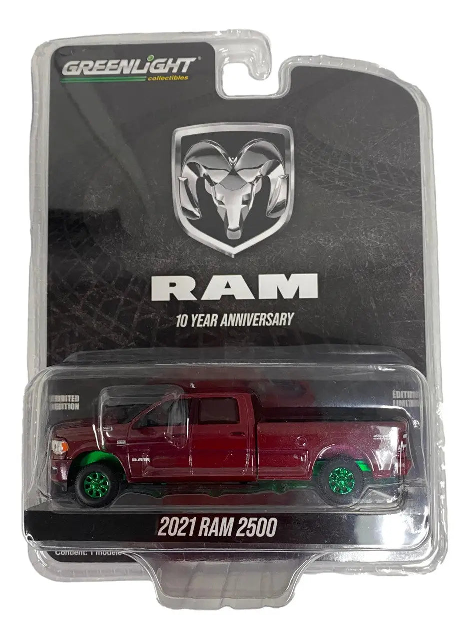 Die-cast model of a 2021 RAM 2500 in red and green from 10th Ann Chase Anniversary Series