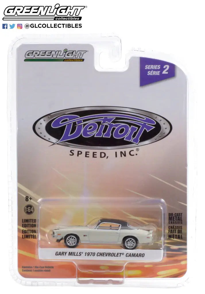 Toy model of a white 1970 Chevrolet Camaro in packaging from Detroit Speed Gary Mills series