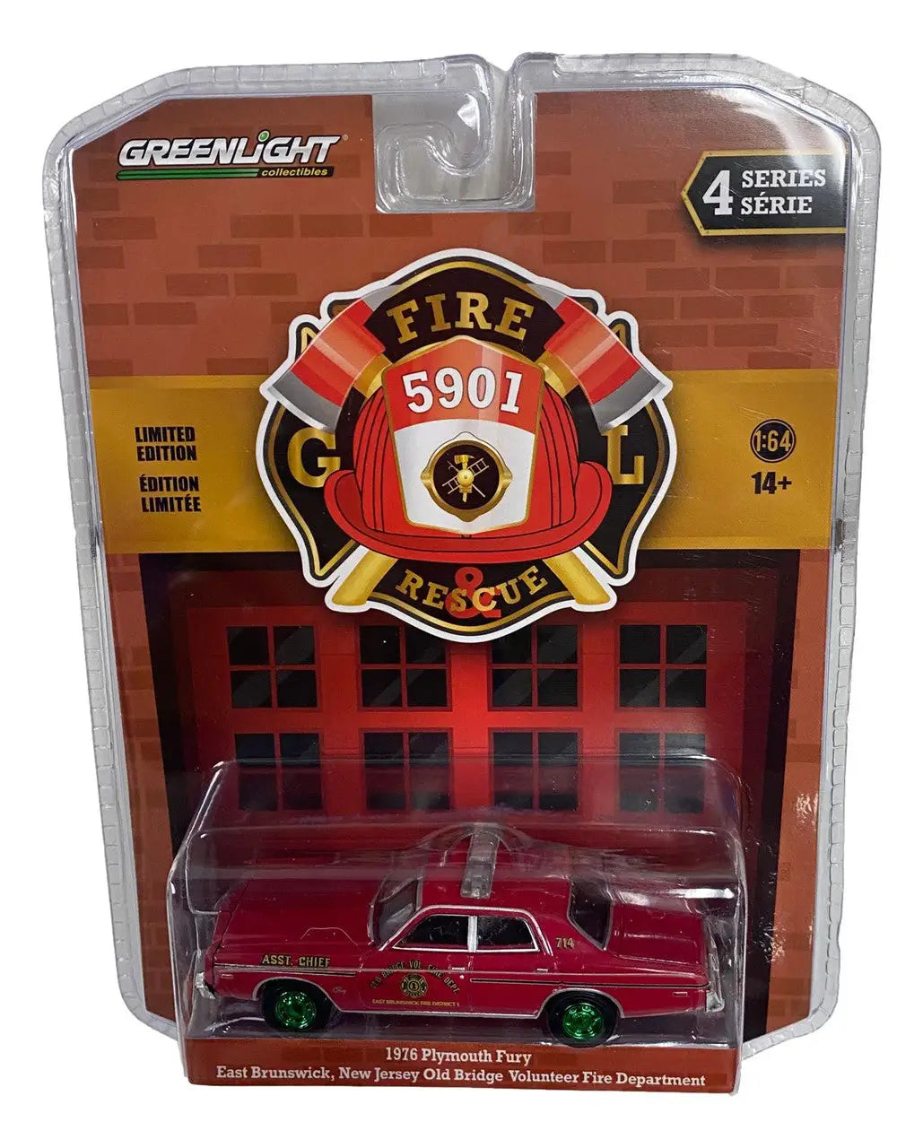 Packaged die-cast model of 1977 Plymouth Fury E Brunswick NJ Chase fire chief’s car
