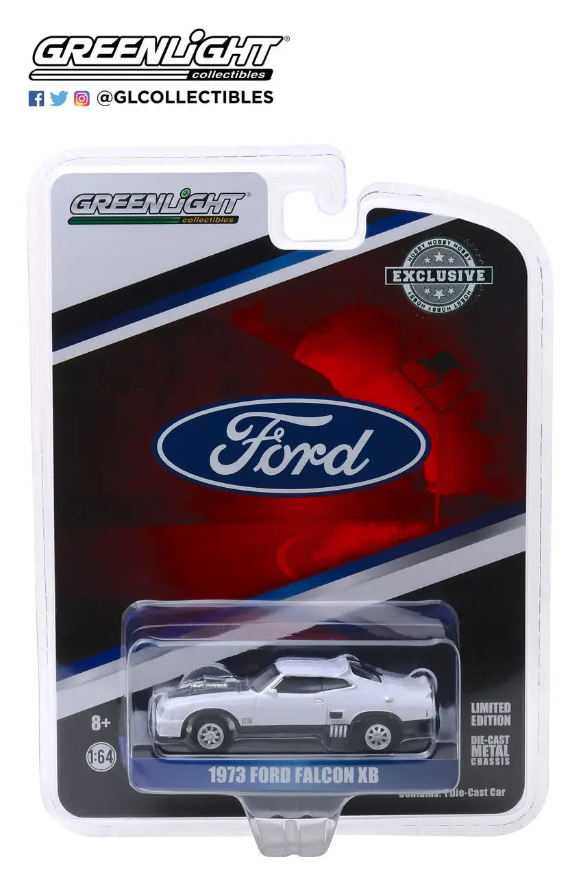 Die-cast model of 1973 Ford Falcon XB Polar White in branded packaging, hobby exclusive