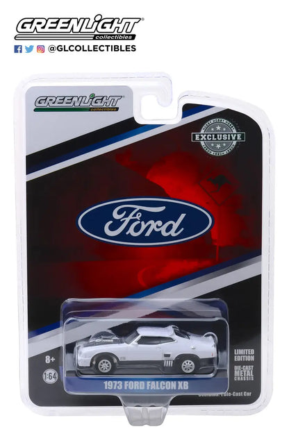 Die-cast model of 1973 Ford Falcon XB Polar White in branded packaging, hobby exclusive