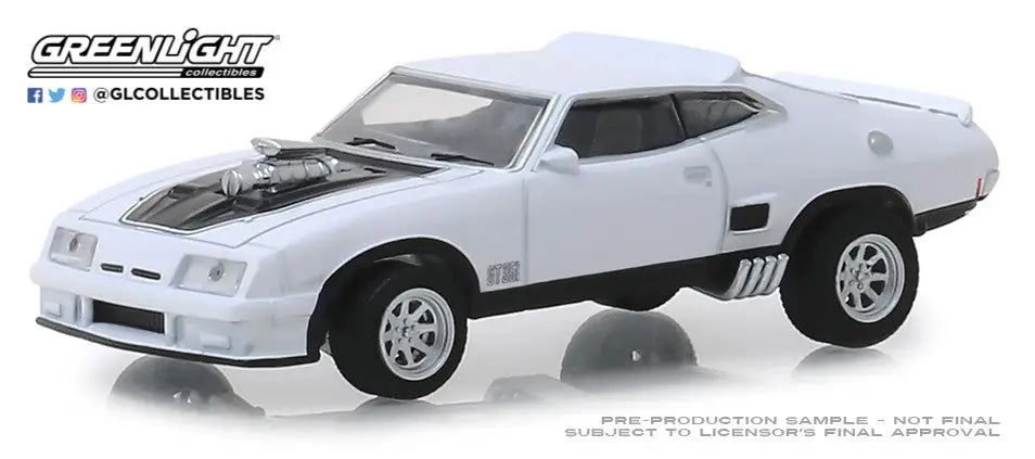 White 1970s Ford Falcon XB muscle car model with exposed engine and raised suspension