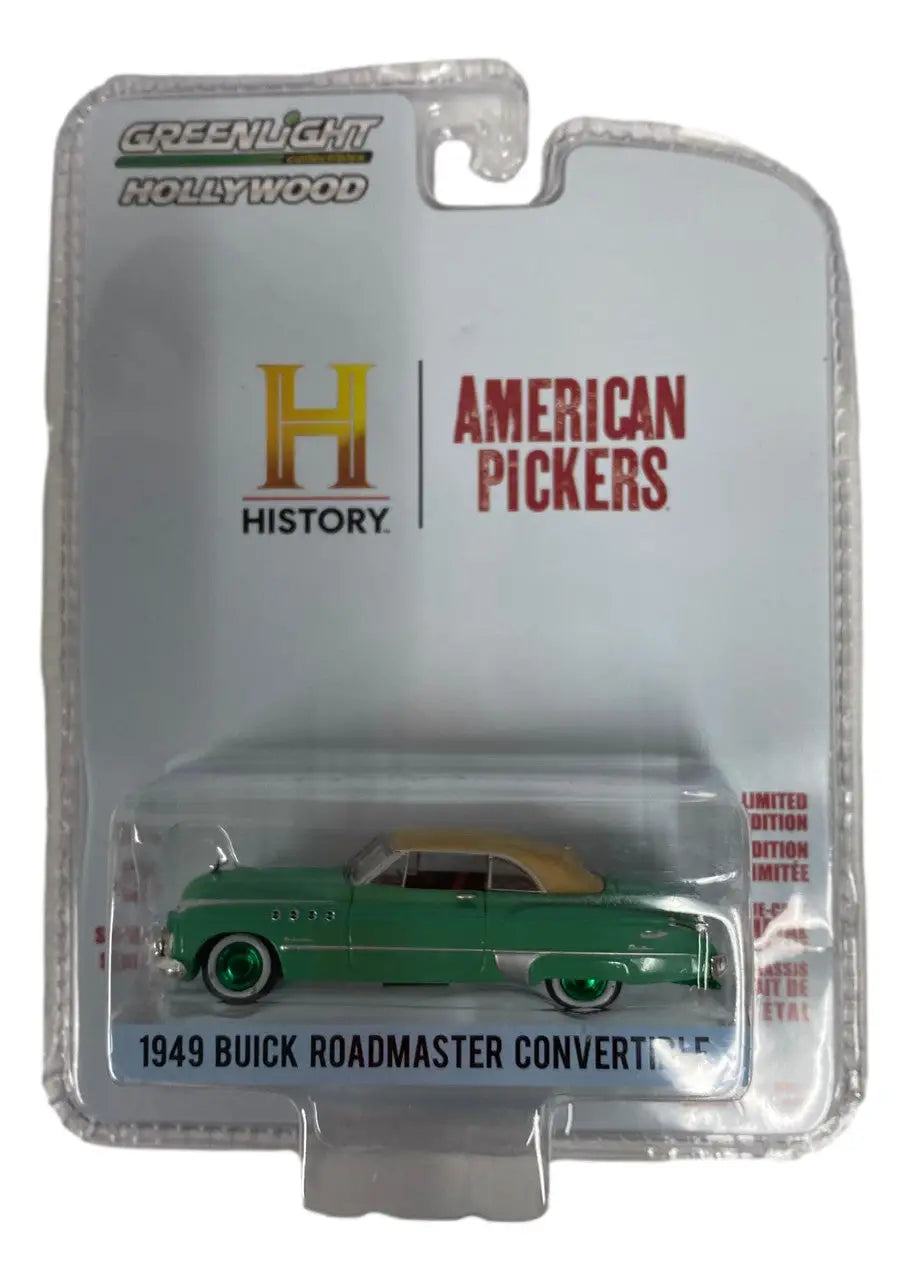 Die-cast model of a green Buick Roadmaster convertible in American Pickers packaging