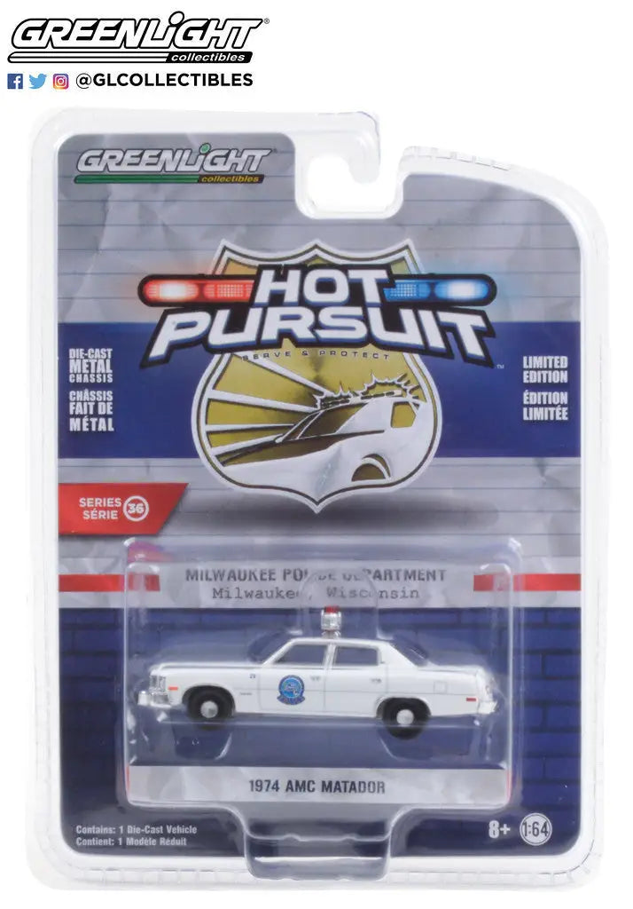 Die-cast model police car 1974 AMC Matador Milwaukee in Hot Pursuit Series packaging
