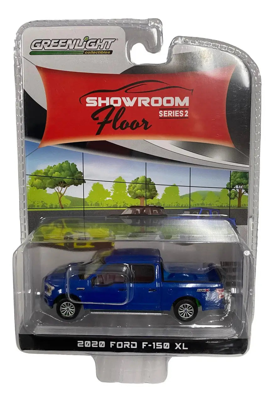 Die-cast model of a blue 2020 Ford F-150 XL in Greenlight Showroom Floor Series packaging