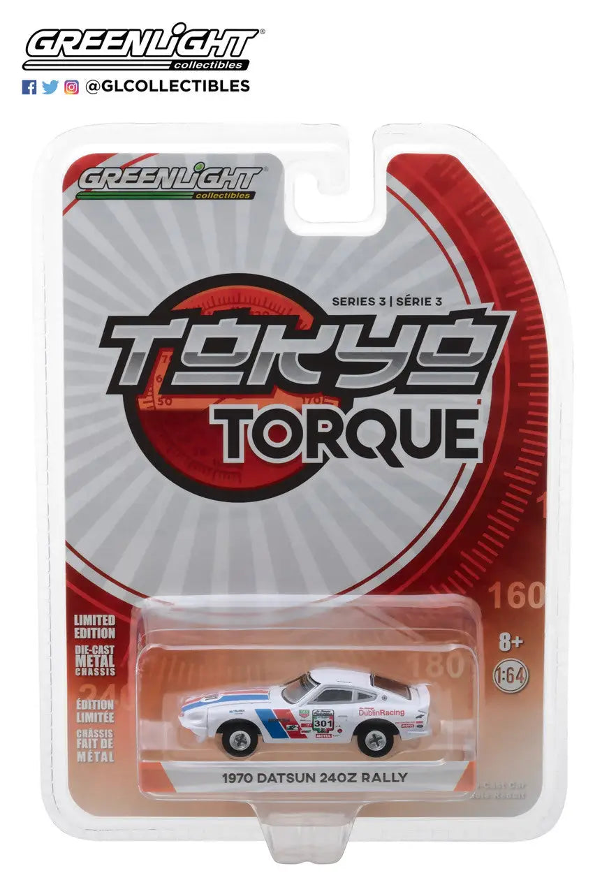 Packaged die-cast model of a 1970 Datsun 24OZ Rally White from Tokyo Torque series