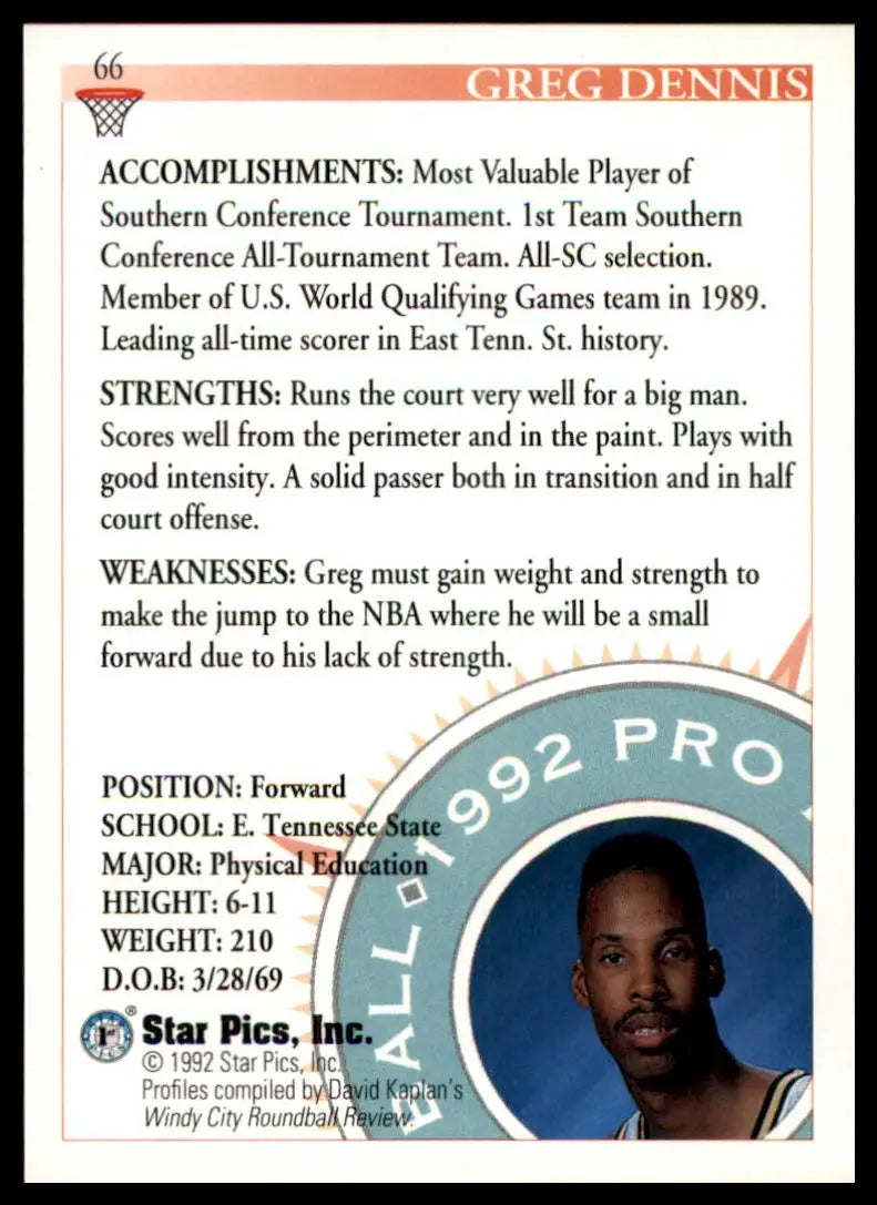 Greg Dennis 1992 Star Pics basketball card featuring East Tennessee State Buccaneers