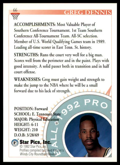 Greg Dennis basketball card from Star Pics series, 1992 East Tennessee State Buccaneers