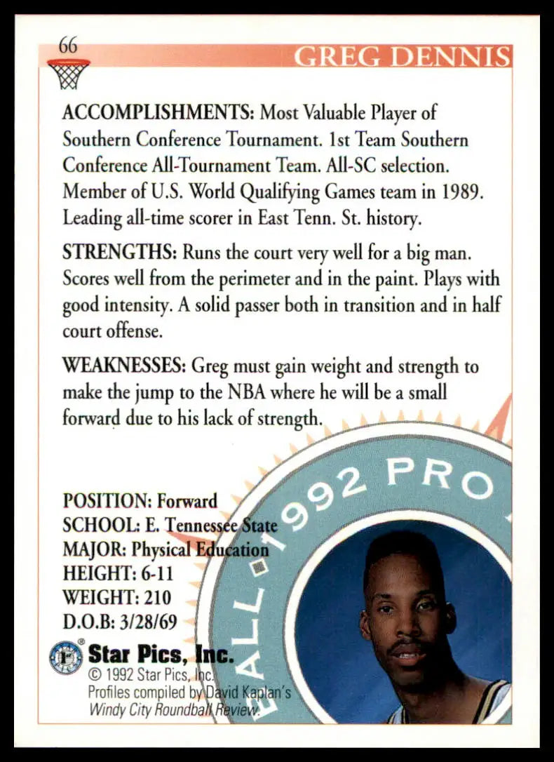 Greg Dennis basketball card from 1992 Star Pics featuring East Tennessee State Buccaneers