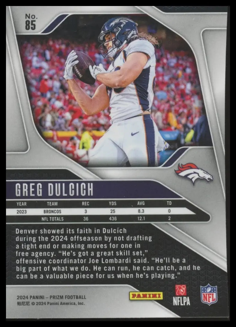 Back of a Greg Dulcich 2024 Panini Prizm Denver Broncos trading card