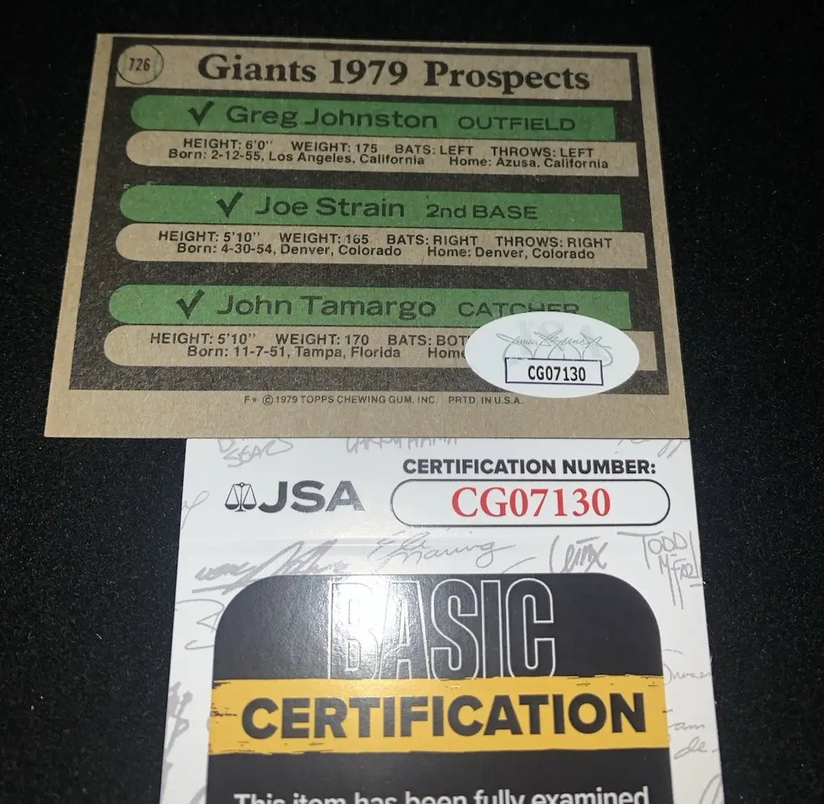 Signed 1979 Giants prospects baseball card featuring John Tamargo and Joe Strain