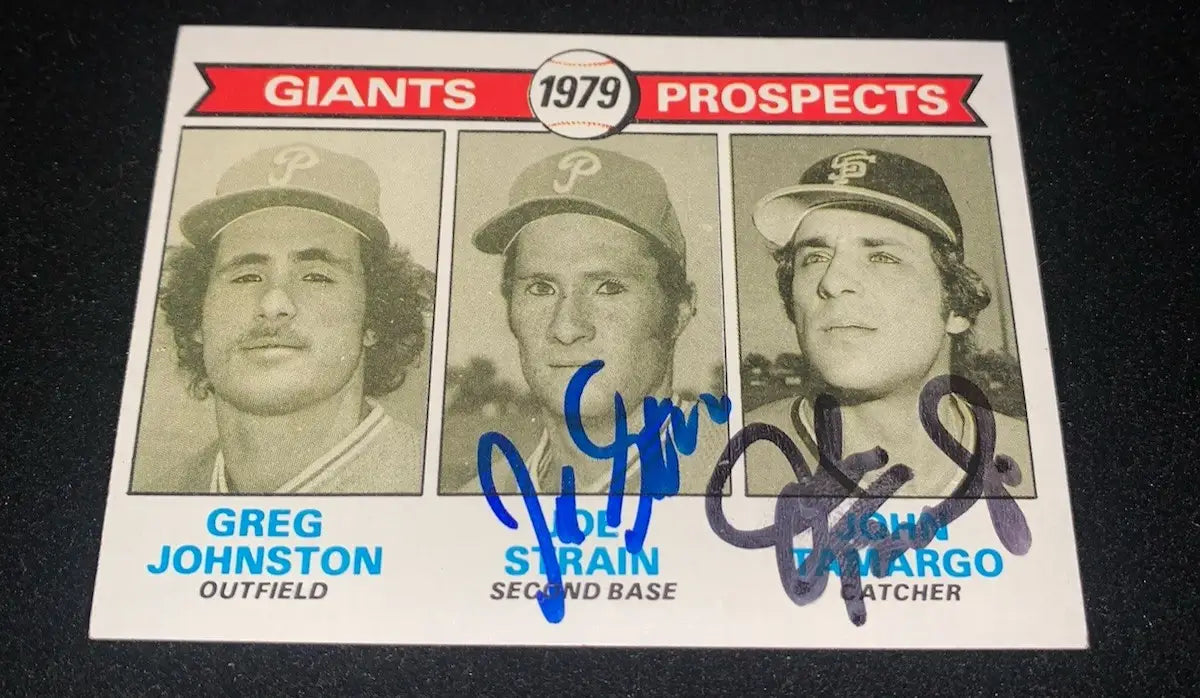 Signed 1979 Giants prospects baseball card featuring John Tamargo and Joe Strain
