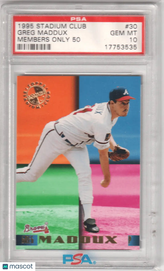 Graded Greg Maddux baseball card from Topps Stadium Club Members Only collection at Columbia Hobby