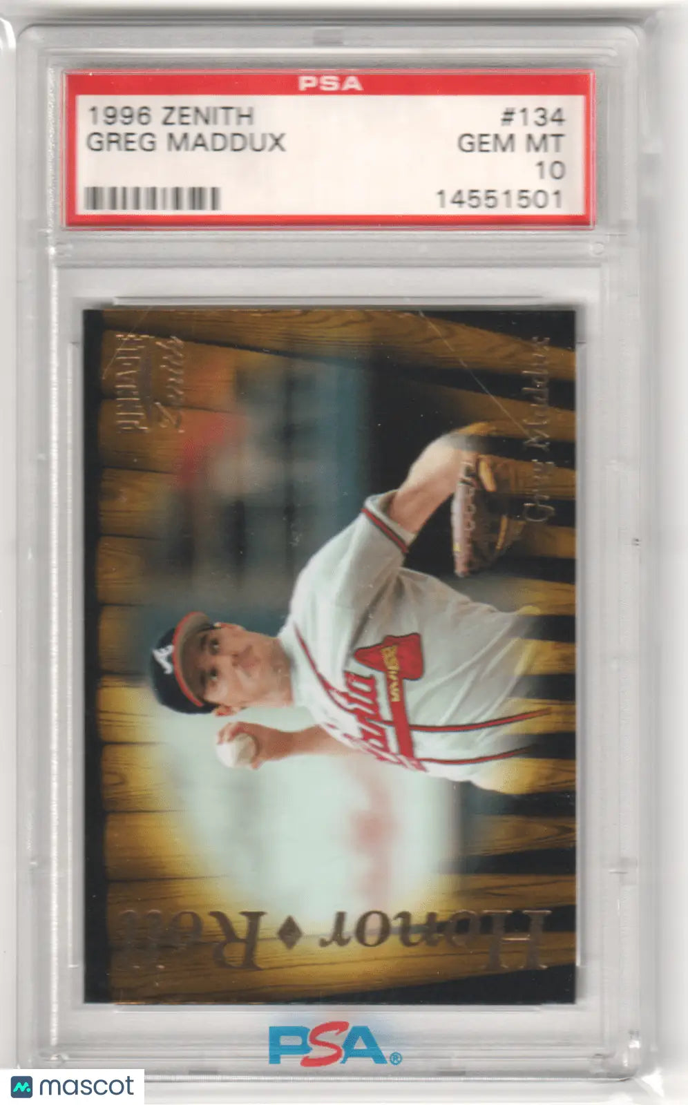 Graded Greg Maddux 1996 Pinnacle Zenith baseball card from Columbia Hobby, PSA 10 GEM MINT