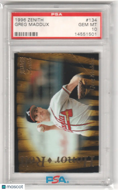 Graded Greg Maddux 1996 Pinnacle Zenith baseball card from Columbia Hobby, PSA 10 GEM MINT