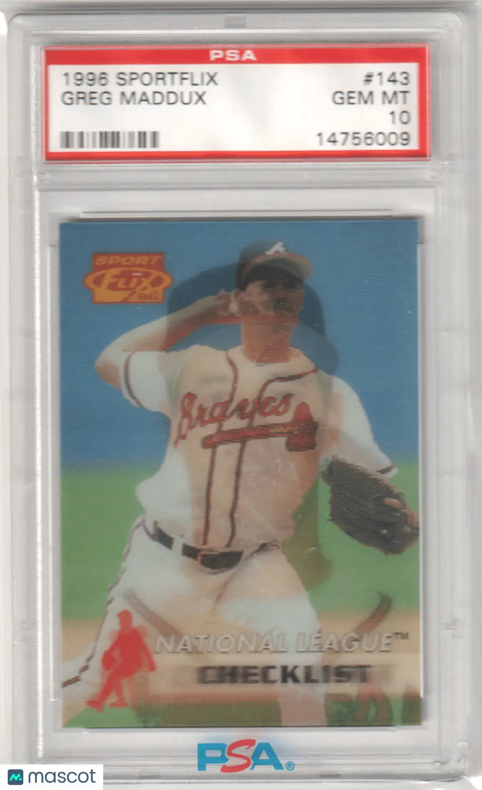 Graded Greg Maddux baseball card from 1996 Sportflix, gem mint Braves collectible