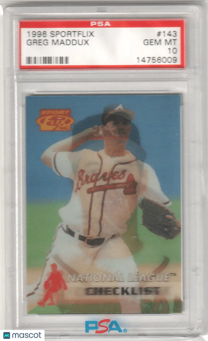 Graded Greg Maddux baseball card from 1996 Sportflix, gem mint Braves collectible