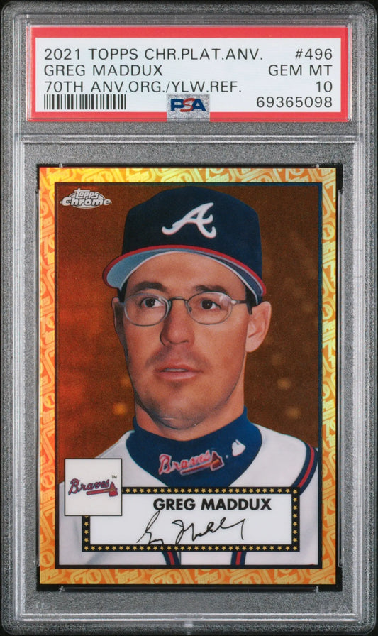 PSA 10 Greg Maddux 2021 Topps Chrome Platinum Anniversary Orange Yellow #496 baseball card