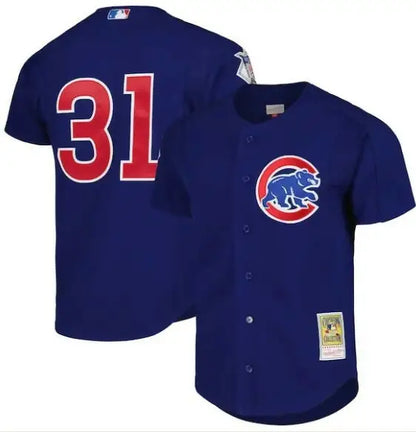 Blue Chicago Cubs Cooperstown Collection 2005 Batting Practice Jersey displayed