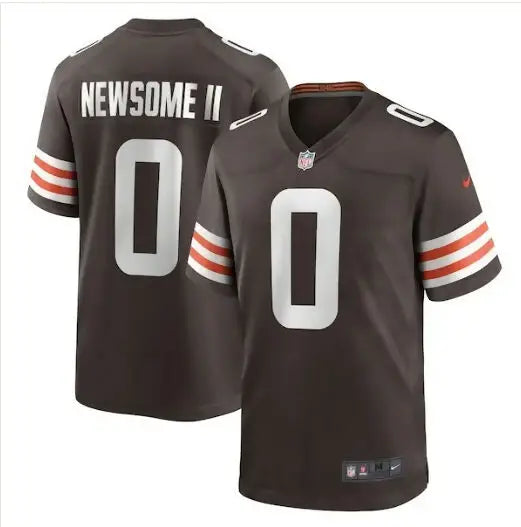 Brown Greg Newsome II Cleveland Browns Nike Game Jersey with white numbers and orange white arm stripes