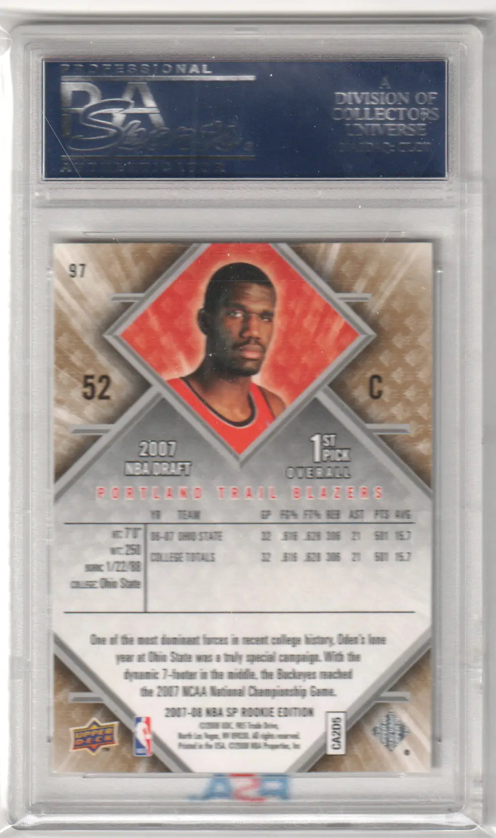 Greg Oden basketball card from Columbia Hobby rookie rc edition PSA 10 GEM MINT