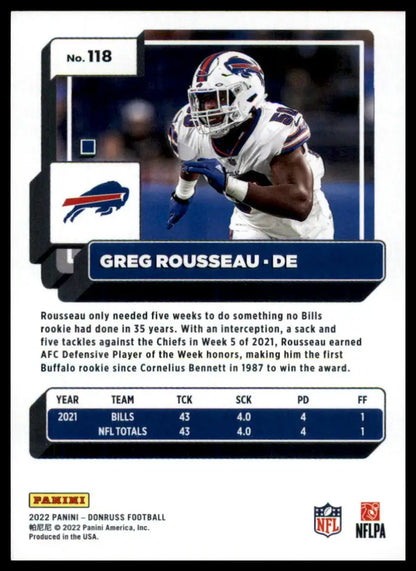 Greg Rousseau football card from 2022 Donruss Buffalo Bills collection
