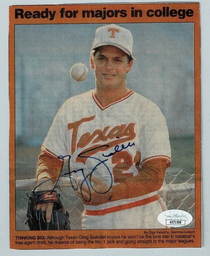 Greg Swindell Autographed baseball card featuring Texas Longhorns newspaper cut out