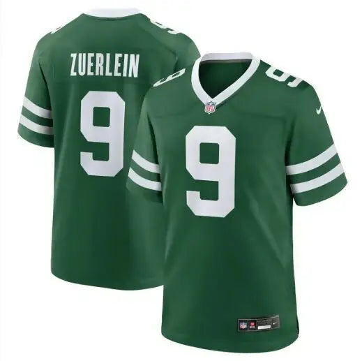 Green New York Jets Nike Greg Zuerlein Game Jersey with white numbers and stripes