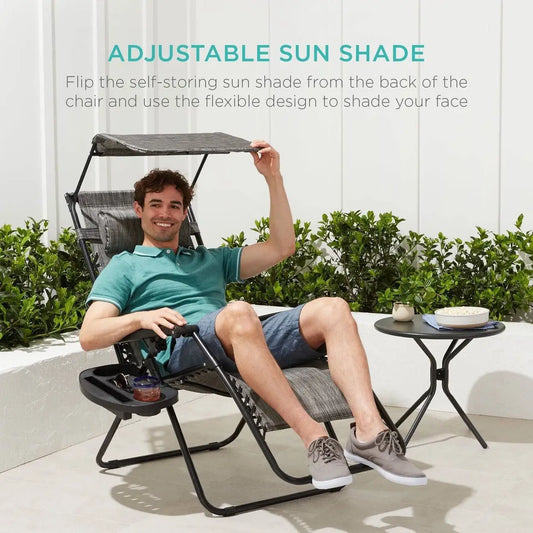 Grey Zero Gravity Folding Reclining Patio Lounge Chair with Canopy Sun Shade - Patio Chairs
