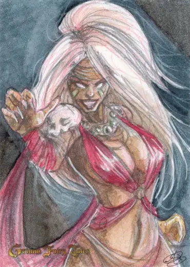 Fierce fantasy character with white hair in red holding a skull on Grimm Fairy Tales Sketch Card