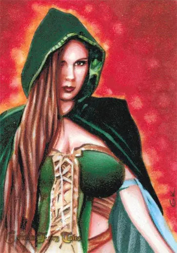 Woman in green hooded cloak and medieval dress from Gary Kezele sketch card