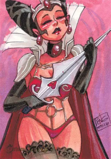 Stylized cartoon of Penelope Gaylord’s female superhero on a Grimm Fairy Tales sketch card