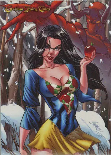 Stylized woman in Snow White costume with apple on Grimm Fairy Tales promo card
