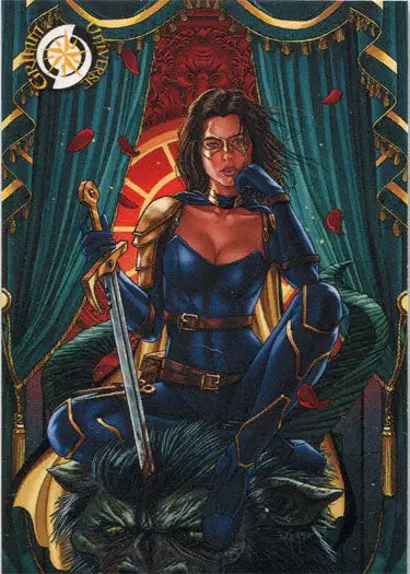 Woman in blue outfit with sword on throne, featured on Grimm Universe promo card