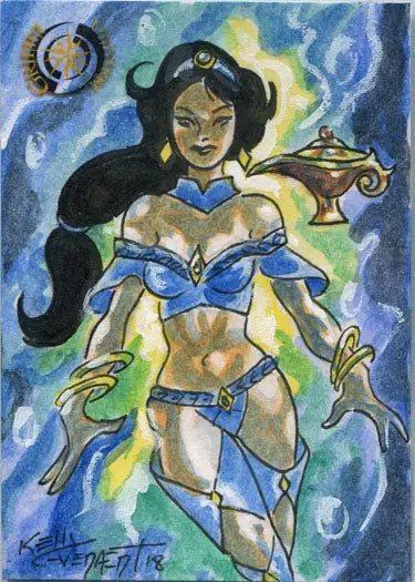 Stylized painting of a female genie in blue attire from Kelly Everaert’s sketch card