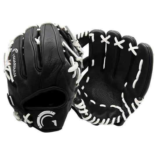 Guardian Game Ready black leather baseball gloves with white stitching for right and left throw