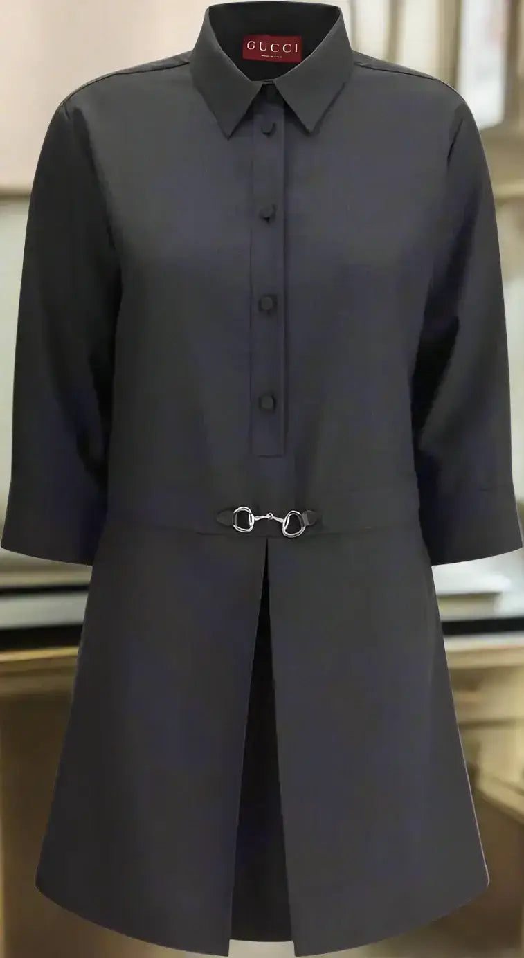 Dark gray Gucci Chemisier black short dress with horse-bit detail and button-up design