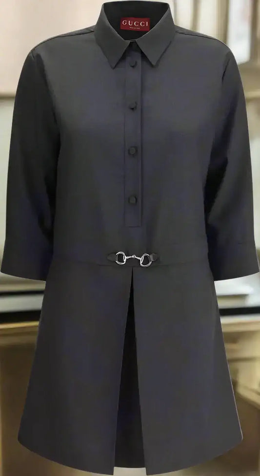 Dark gray Gucci Chemisier black short dress with horse-bit detail and button-up design