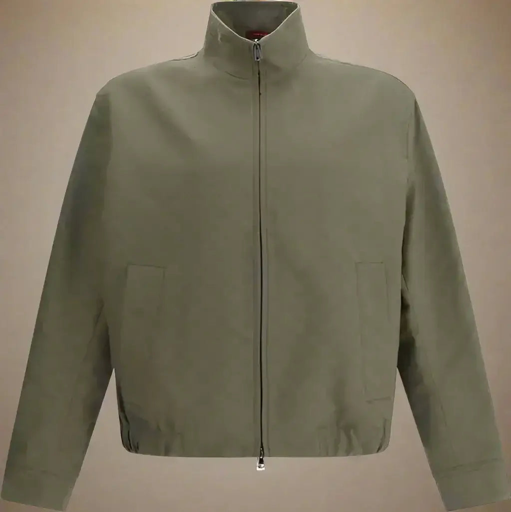 Muted green GUCCI GG Supreme men’s Monogram jacket with high collar fastened and zip