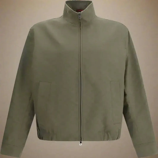 Muted green GUCCI GG Supreme men’s Monogram jacket with high collar fastened and zip