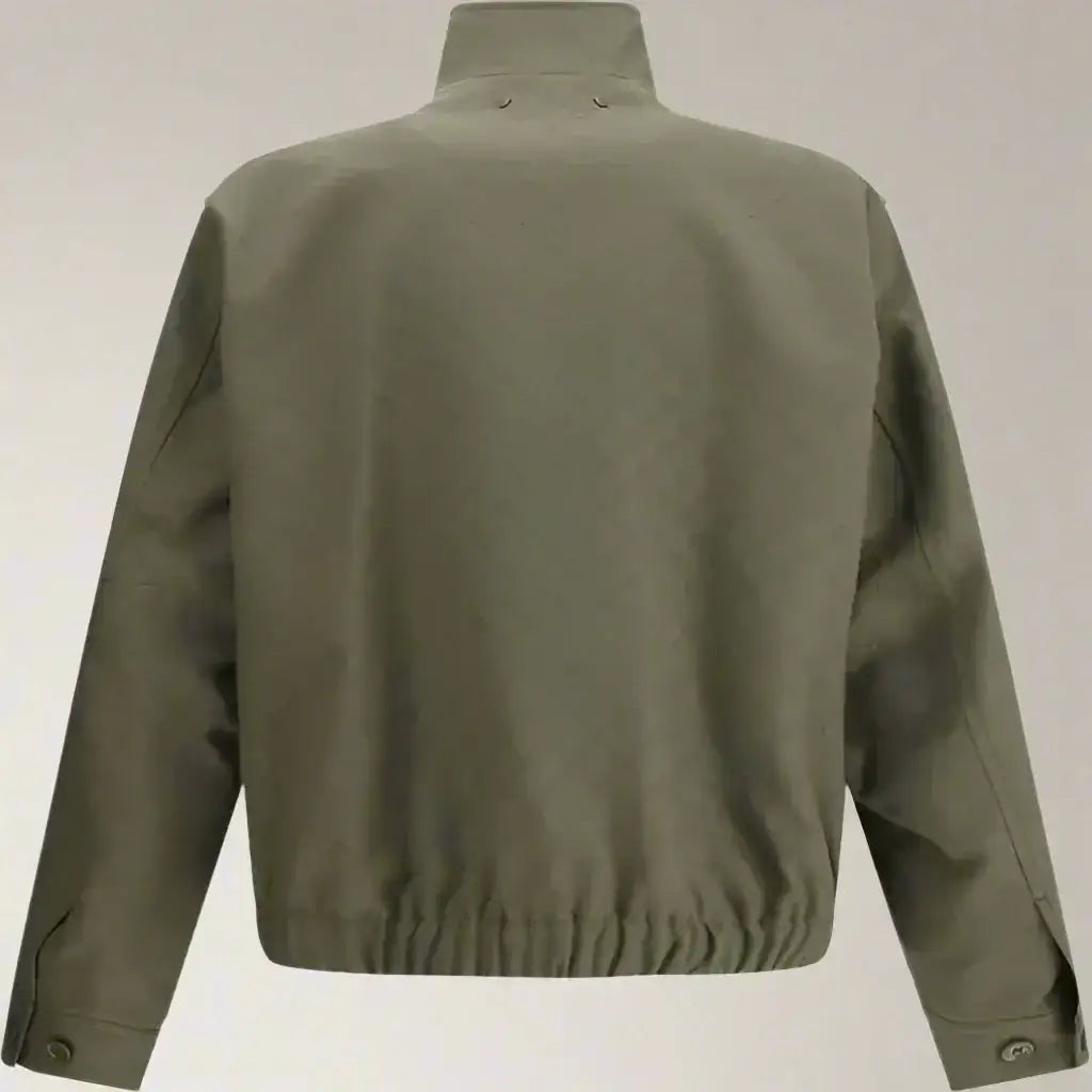 Olive green GUCCI GG Supreme men’s Monogram jacket with high collar fastened and elasticized hem
