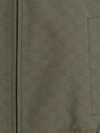 Olive green Gucci GG Supreme men’s Monogram Jacket with zippered high collar fastened