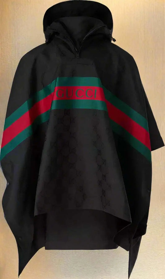 Black hooded poncho with red and green stripes, GUCCI GG jacquard nylon coat