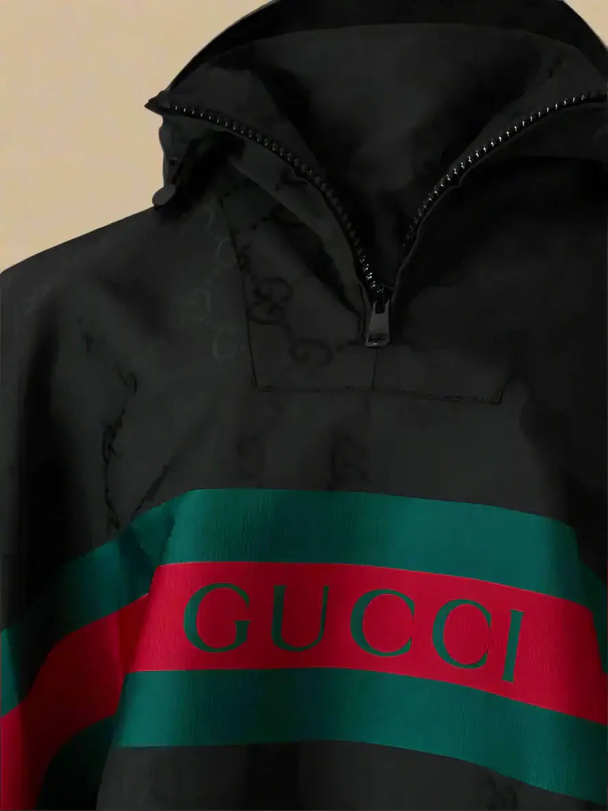 Black GUCCI GG jacquard nylon coat with green and red stripes and GUCCI logo