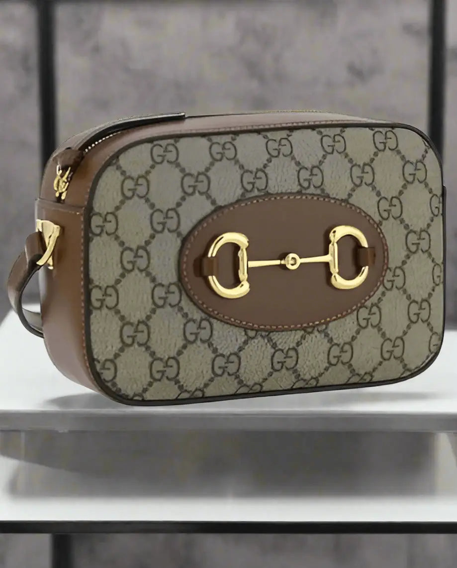 Brown and beige canvas shoulder bag with gold horsebit detail for Gucci Horsebit 1955