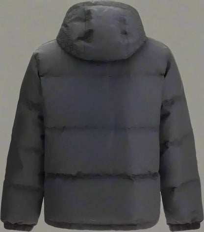 Dark gray hooded puffer jacket from GUCCI Men’s Black GG Monogram collection