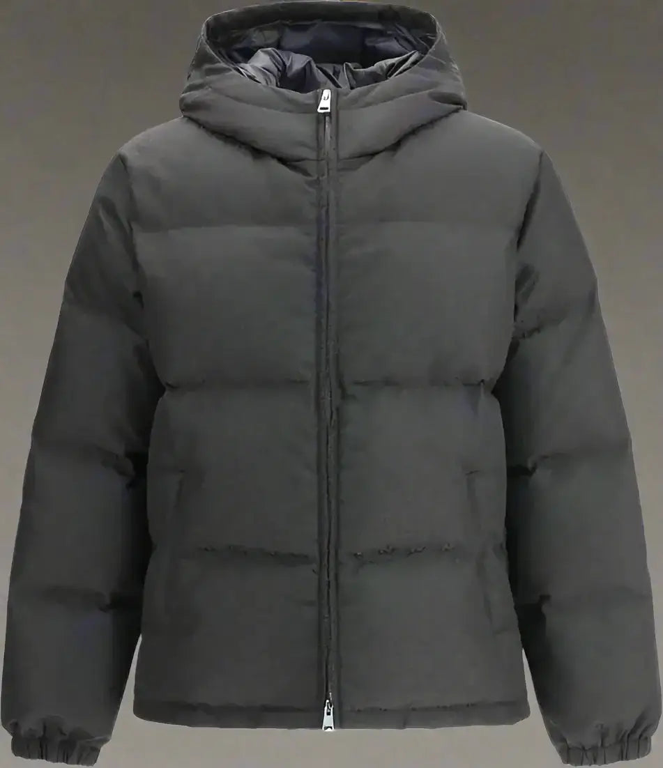 Dark gray hooded puffer jacket with front zipper from GUCCI Men’s Black GG Monogram collection