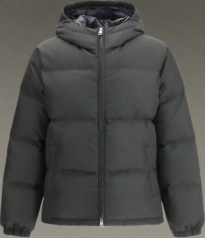 Dark gray hooded puffer jacket with front zipper from GUCCI Men’s Black GG Monogram collection